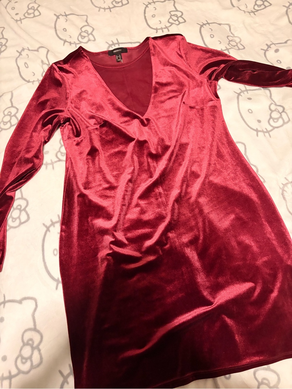 Forever 21 Burgundy Velvet Long-Sleeve V-Neck Dress